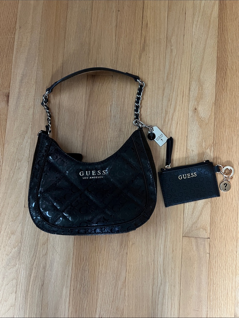 GUESS Black Quilted Shoulder Bag with Matching Coin Pouch